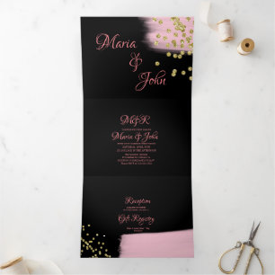 Invitation Trois Volets Magnifique mariage paillettes rose confettis Brush