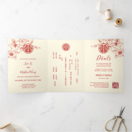 Invitation Trois Volets Magnolia à la crème rouge | Mariage chinois