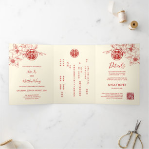 Invitation Trois Volets Magnolia à la crème rouge Mariage chinois