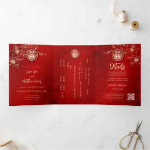 Invitation Trois Volets Magnolia rouge   Mariage chinois