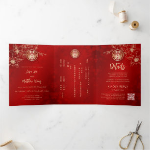 Invitation Trois Volets Magnolia rouge   Mariage chinois