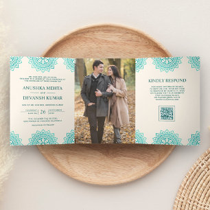 Invitation Trois Volets Mandala Ethnique Code QR Mariage Indien Teal Ivoir