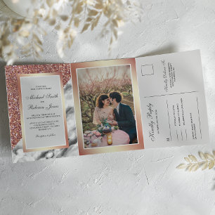 Invitation Trois Volets Marbre blanc Rose de Parties scintillant Gold tout