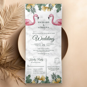 Invitation Trois Volets Marbre blanc Tropical Palm Flamant rose Couple Mar