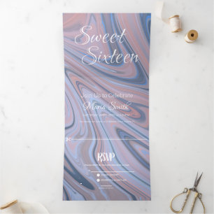 Invitation Trois Volets Marbre Liquide Sucré Élégant   Agate Blush Navy