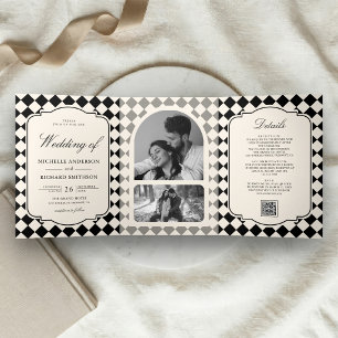 Invitation Trois Volets Mariage à carreaux ivoire noir à l'ancienne