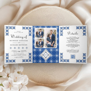 Invitation Trois Volets Mariage à code QR de broderie ukrainienne bleu noi