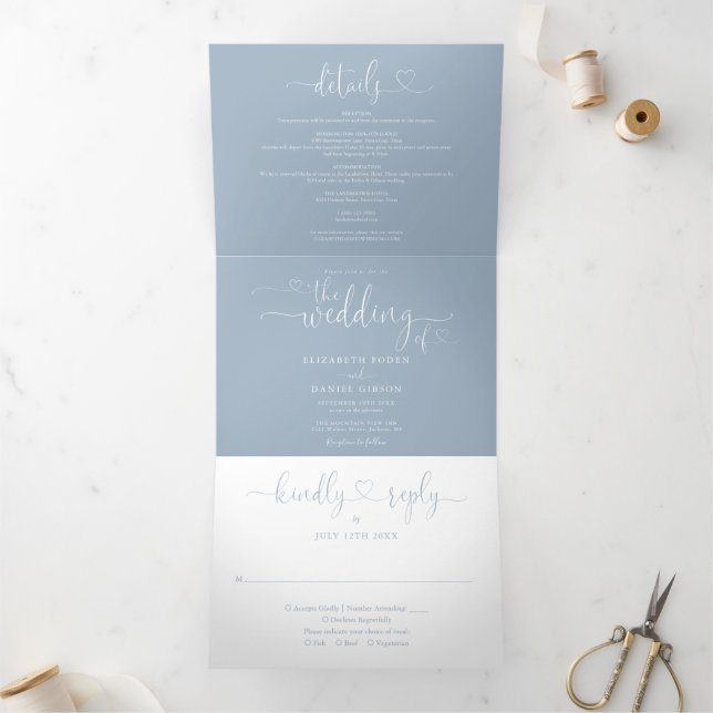 Invitation Trois Volets Mariage à l'écriture cursive cœur bleu poussiéreux (Intérieur)