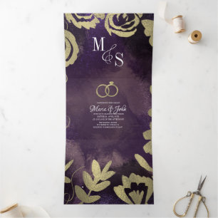 Invitation Trois Volets Mariage Abstrait Roses Violettes Noires Paillettes