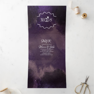 Invitation Trois Volets Mariage Abstrait Violet Noir Pinceaux Glamour