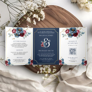 Invitation Trois Volets Mariage Ampersand aux Fleurs Bleu Marine et Bourgo