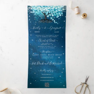 Invitation Trois Volets Mariage Arbre Feuille Cœur Turquoise Aqua Bleu