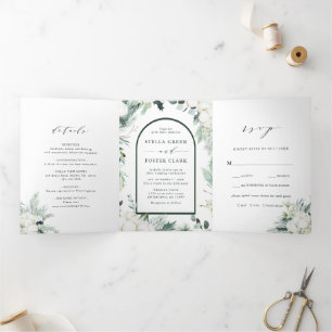 Invitation Trois Volets Mariage Arch Fleurs à feuillage persistant et coto