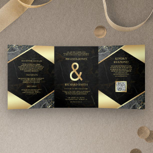 Invitation Trois Volets Mariage au code QR Ampersand Marbre Or Charbon