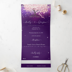 Invitation Trois Volets Mariage au Lilas Pourpre et Arbre à Feuilles en Fo