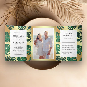 Invitation Trois Volets Mariage aux feuilles tropicales de Monstera vert e