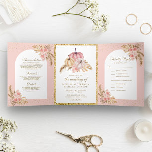 Invitation Trois Volets Mariage aux Roses Roses Pâles Bohème Herbe de Pamp