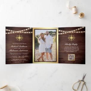 Invitation Trois Volets Mariage avec code QR de la boussole nautique en bo