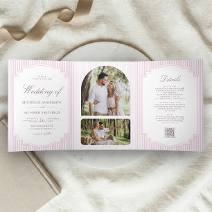 Invitation Trois Volets Mariage avec code QR photo rayé lavande pastel