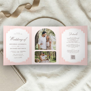 Invitation Trois Volets Mariage avec code QR photo rayé rose corail pastel