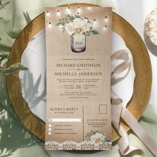 Invitation Trois Volets Mariage avec jarre en burlap ivoire et guirlande l