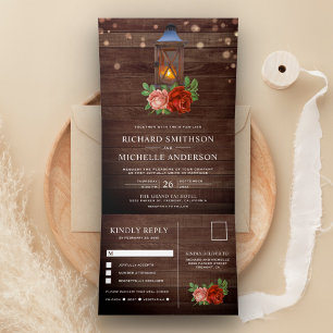 Invitation Trois Volets Mariage avec Lanterne en Bois Florale de Campagne