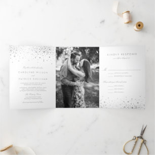 Invitation Trois Volets Mariage blanc Faux Silver Foil Confetti Dots 