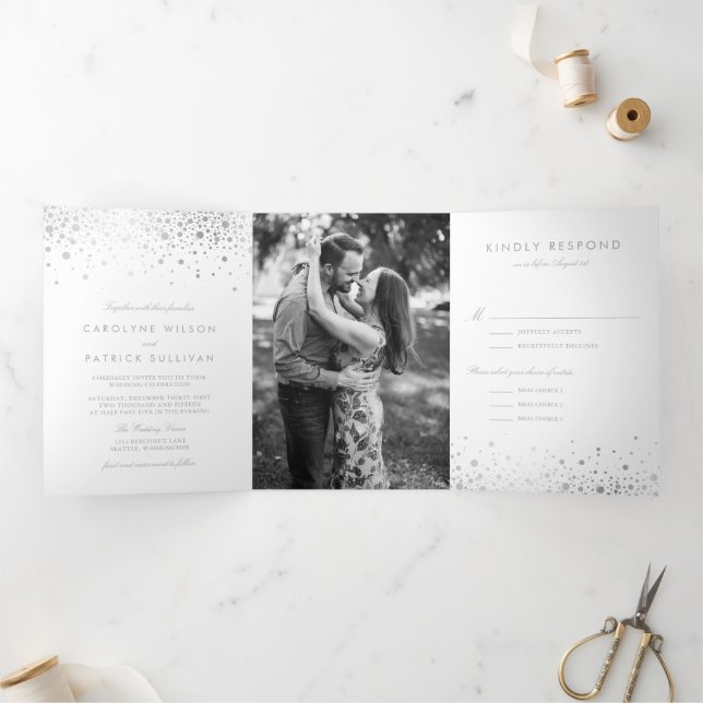 Invitation Trois Volets Mariage blanc Faux Silver Foil Confetti Dots (Intérieur)