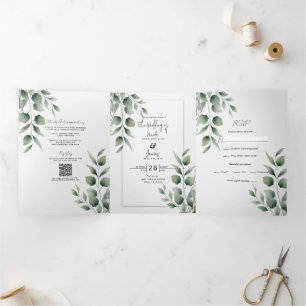 Invitation Trois Volets Mariage Blanc Moderne avec Feuillage Minimal