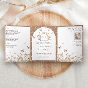 Invitation Trois Volets Mariage Bohème Archée Fleur Sauvage Papillon Beige