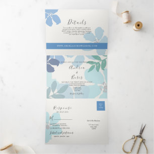 Invitation Trois Volets Mariage Bohème Floral Aquarelle Bleu Poussiéreux
