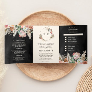 Invitation Trois Volets Mariage Bohème Rustique Terreux Floral Pampas Noir
