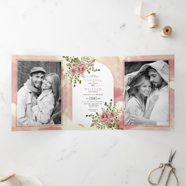 Invitation Trois Volets Mariage boho fleuri rose Dusty (Intérieur)