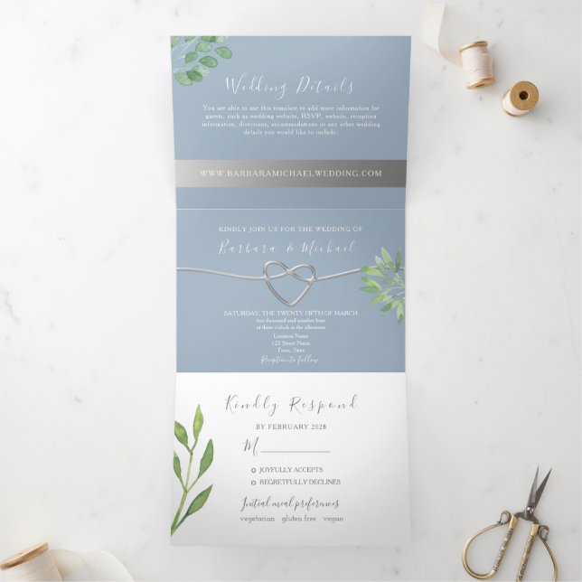 Invitation Trois Volets Mariage botanique moderne Dusty Blue (Intérieur)