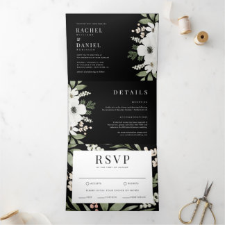 Invitation Trois Volets Mariage botanique moderne noir élégant
