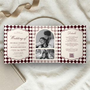Invitation Trois Volets Mariage Carreaux Ivoire Bourgogne Argenté de Luxe