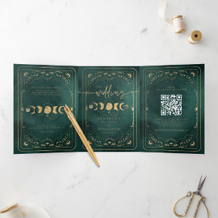Invitation Trois Volets Mariage céleste Emerald Green & Gold Tarot