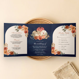 Invitation Trois Volets Mariage Citrouille Florale Terracotta Bleu Nuit
