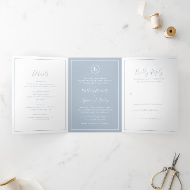 Invitation Trois Volets Mariage classique Dusty Blue élégant (Intérieur)