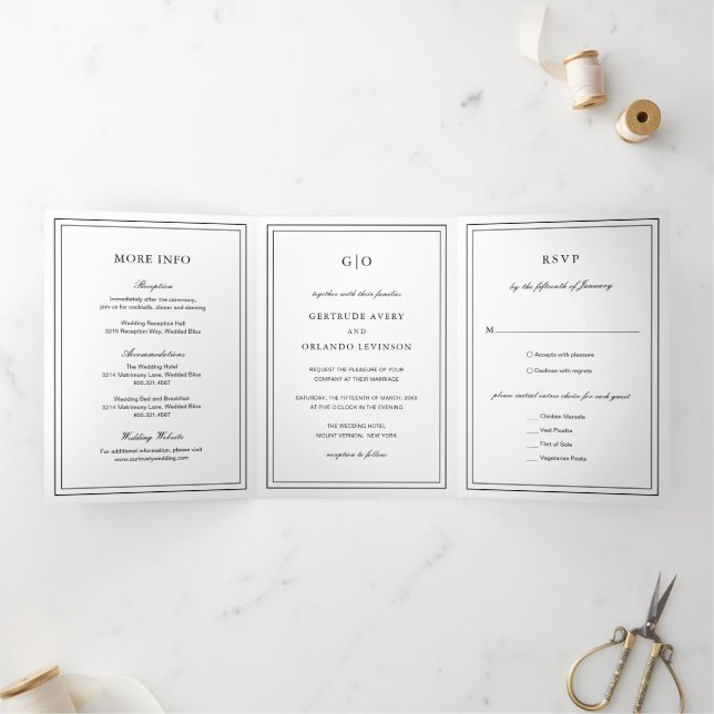 Invitation Trois Volets Mariage classique noir et blanc élégant (Intérieur)