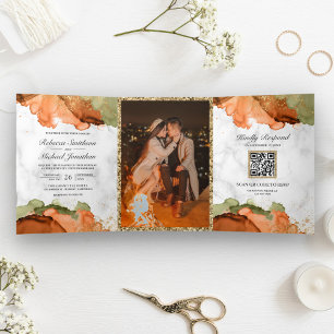 Invitation Trois Volets Mariage Code QR à l'encre abstraite en terre cuite