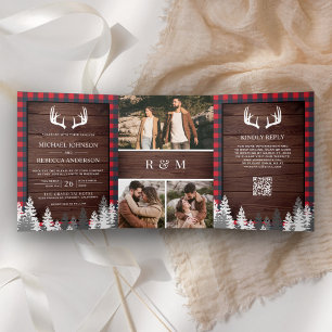 Invitation Trois Volets Mariage Code QR Antler Plaid Rouge Bois de Grange