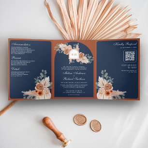Invitation Trois Volets Mariage Code QR Bleu Nuit Pampas Floral Terracotta