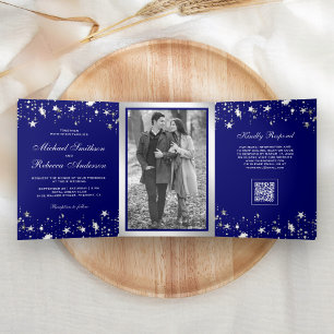 Invitation Trois Volets Mariage Code QR Bleu Royal Confettis Étoiles Argen