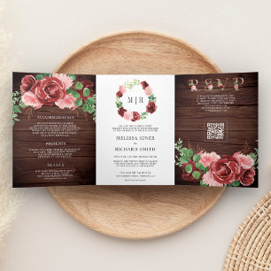 Invitation Trois Volets Mariage Code QR Bois Floral Bourgogne Rose Blush