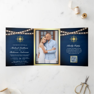 Invitation Trois Volets Mariage Code QR Boussole Dorée Navale