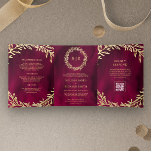 Invitation Trois Volets Mariage Code QR Branche Feuille d'Or Rose Magenta