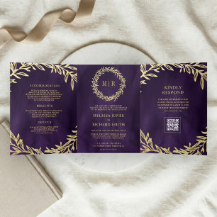 Invitation Trois Volets Mariage Code QR Branche Feuille d'Or Violet Foncé