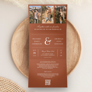 Invitation Trois Volets Mariage code QR Collage Photo en Terracotta