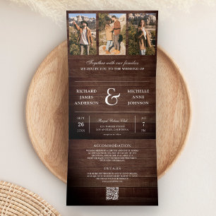Invitation Trois Volets Mariage Code QR Collage Photo Minimal Bois de Gran